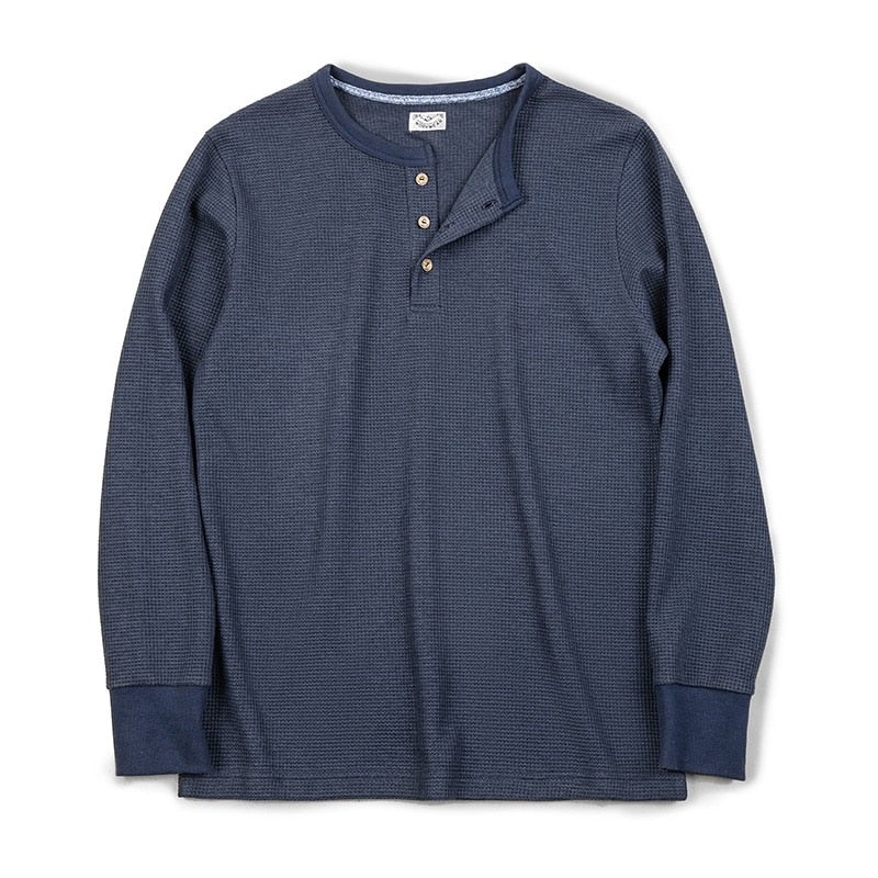 Waffle Henley Neck Long Sleeved T-Shirt | Streets of Seoul