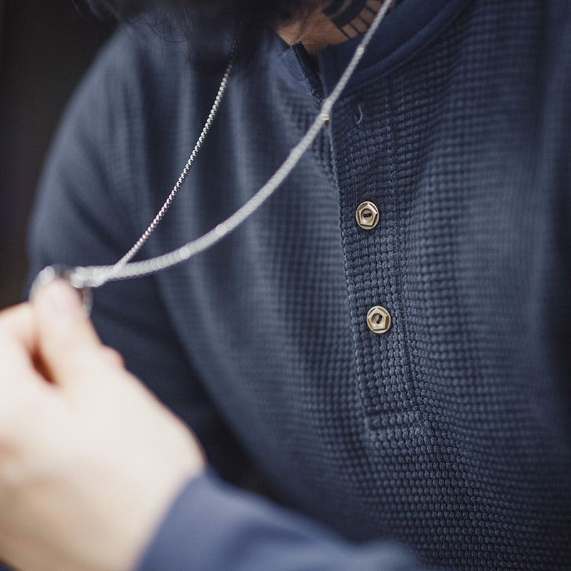 Waffle Henley Neck Long Sleeved T-Shirt | Streets of Seoul