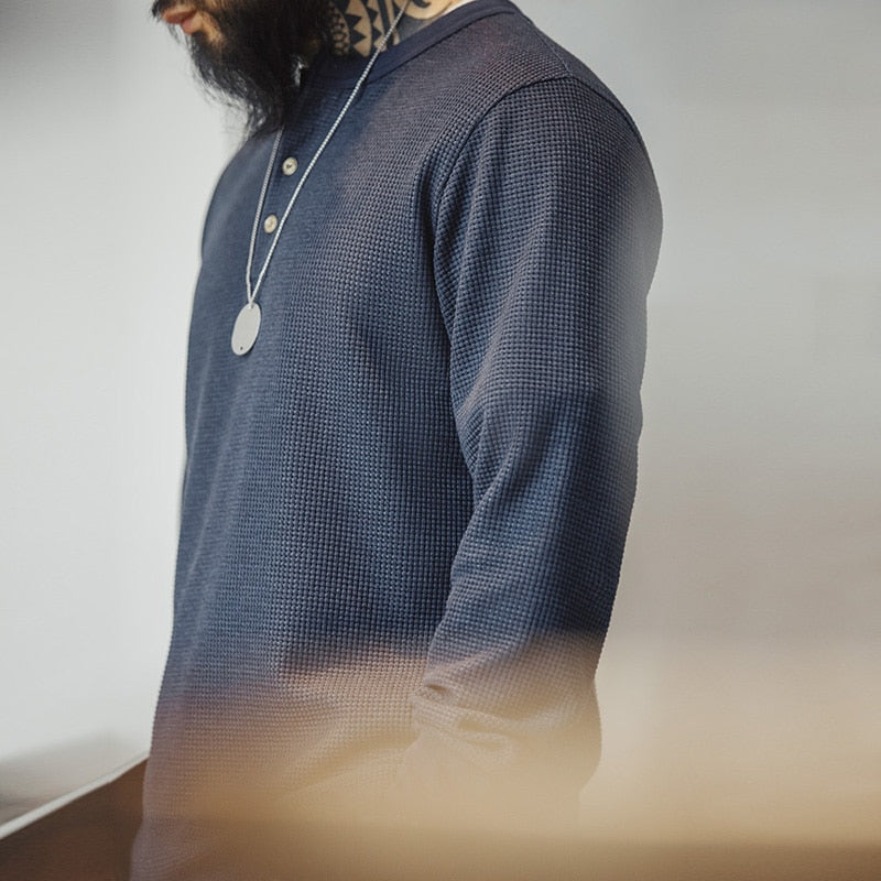 Waffle Henley Neck Long Sleeved T-Shirt | Streets of Seoul