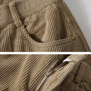Close-up of brown corduroy fabric with a zipper detail on a neutral background