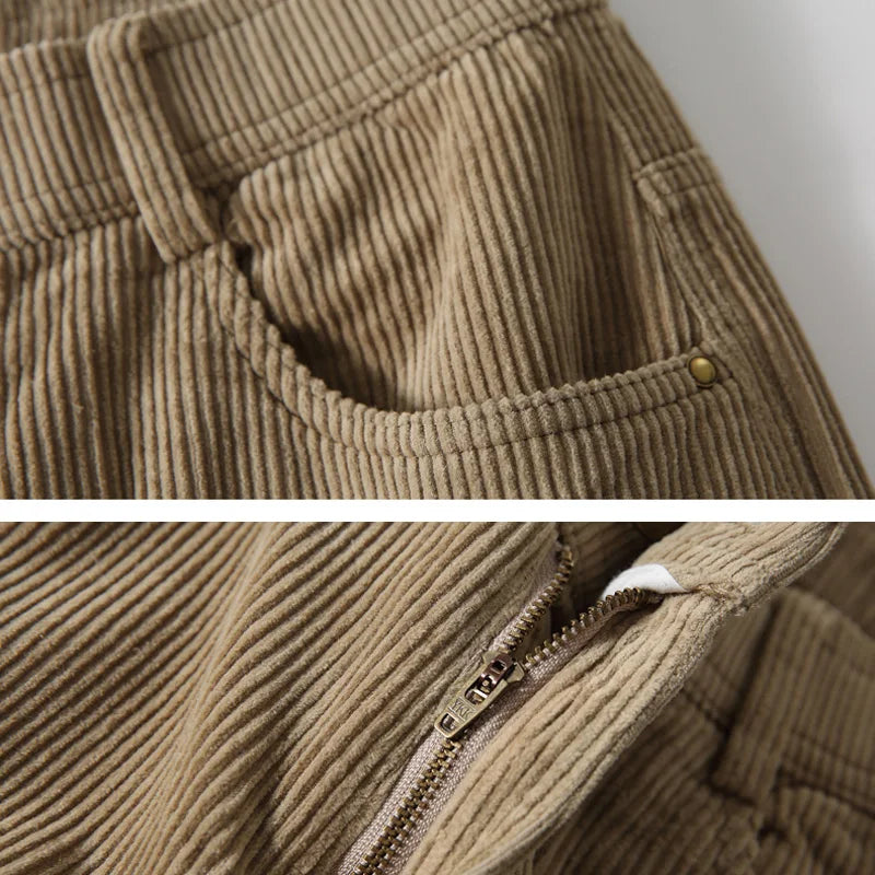 Close-up of brown corduroy fabric with a zipper detail on a neutral background