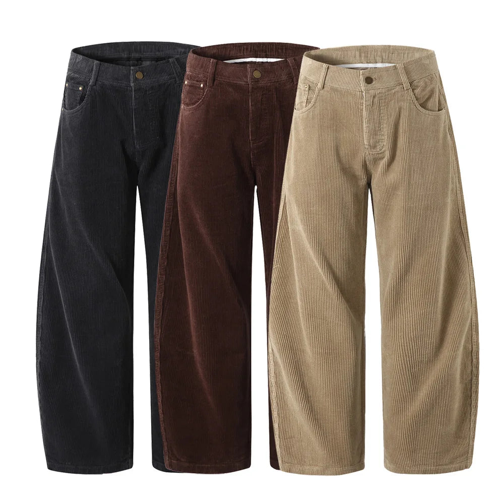 Three pairs of corduroy pants in black, brown, and beige on a white background