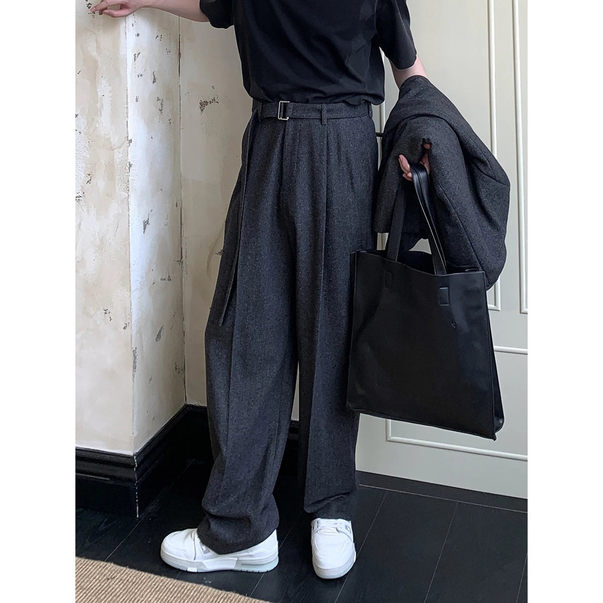 Wool Blend Belted Pants