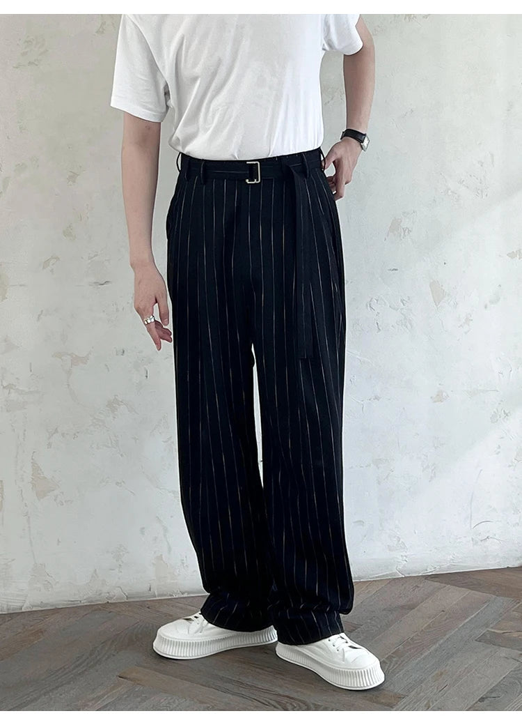 Wool Blend Pinstripe Belted Pants | Streets of Seoul | Men's Wool Blend Pinstripe Belted Pants | Streets of Seoul | Men's