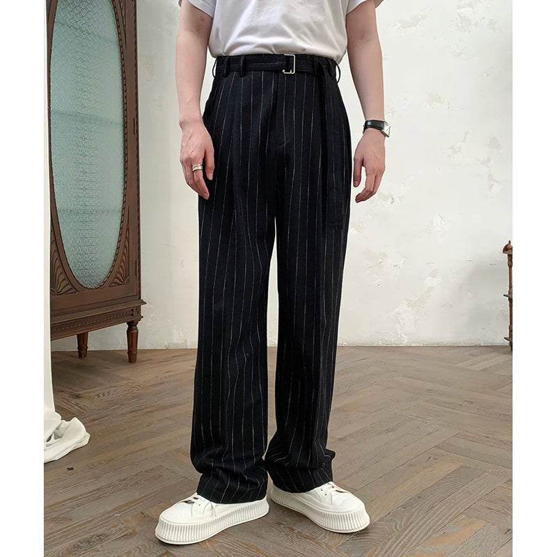 Wool Blend Pinstripe Belted Pants