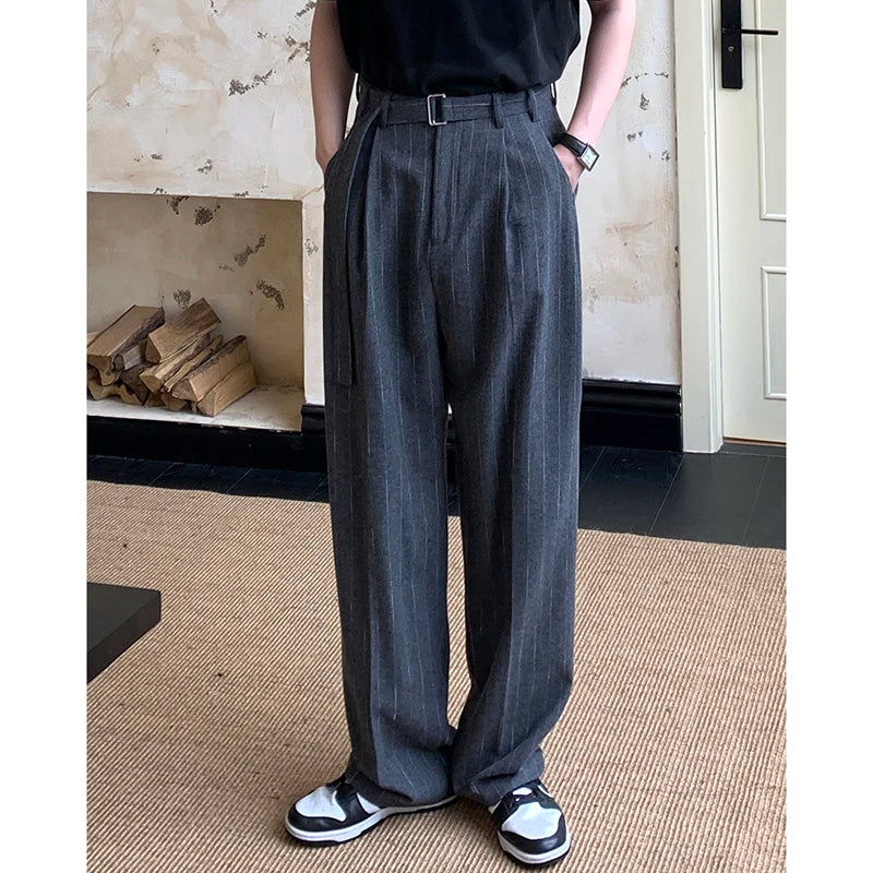 Wool Blend Pinstripe Belted Pants