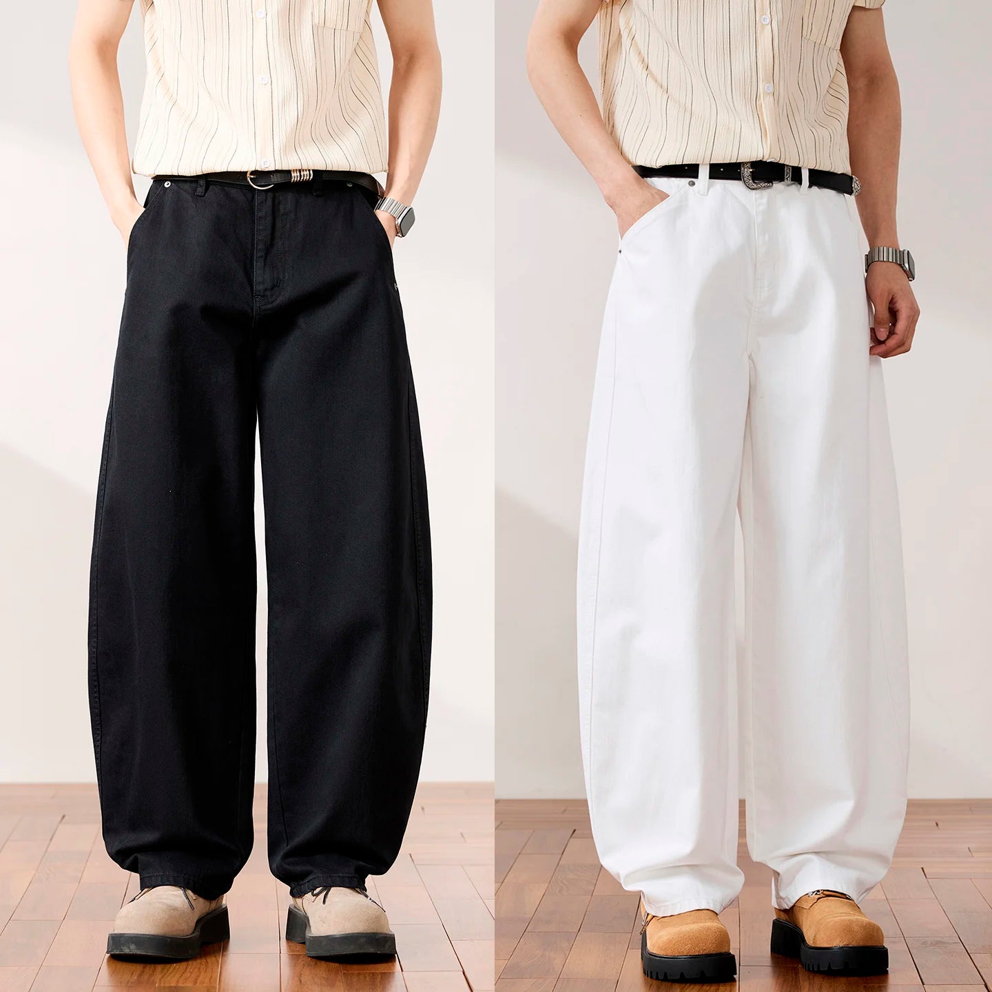 Two models wearing wide-leg baggy pants in side-by-side comparison. The left model wears black wide-leg pants with a cream striped shirt and brown shoes.