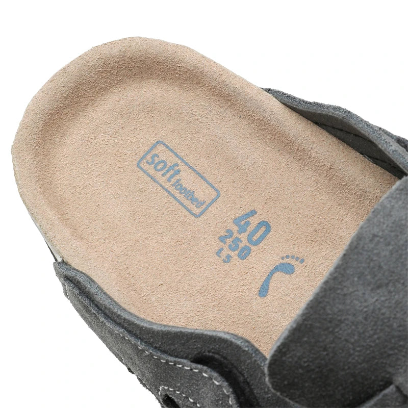 Close-up of the insole of a dark gray slip-on clog shoe, showing the brand 'soft foam' and size markings '40 250' on a white background.