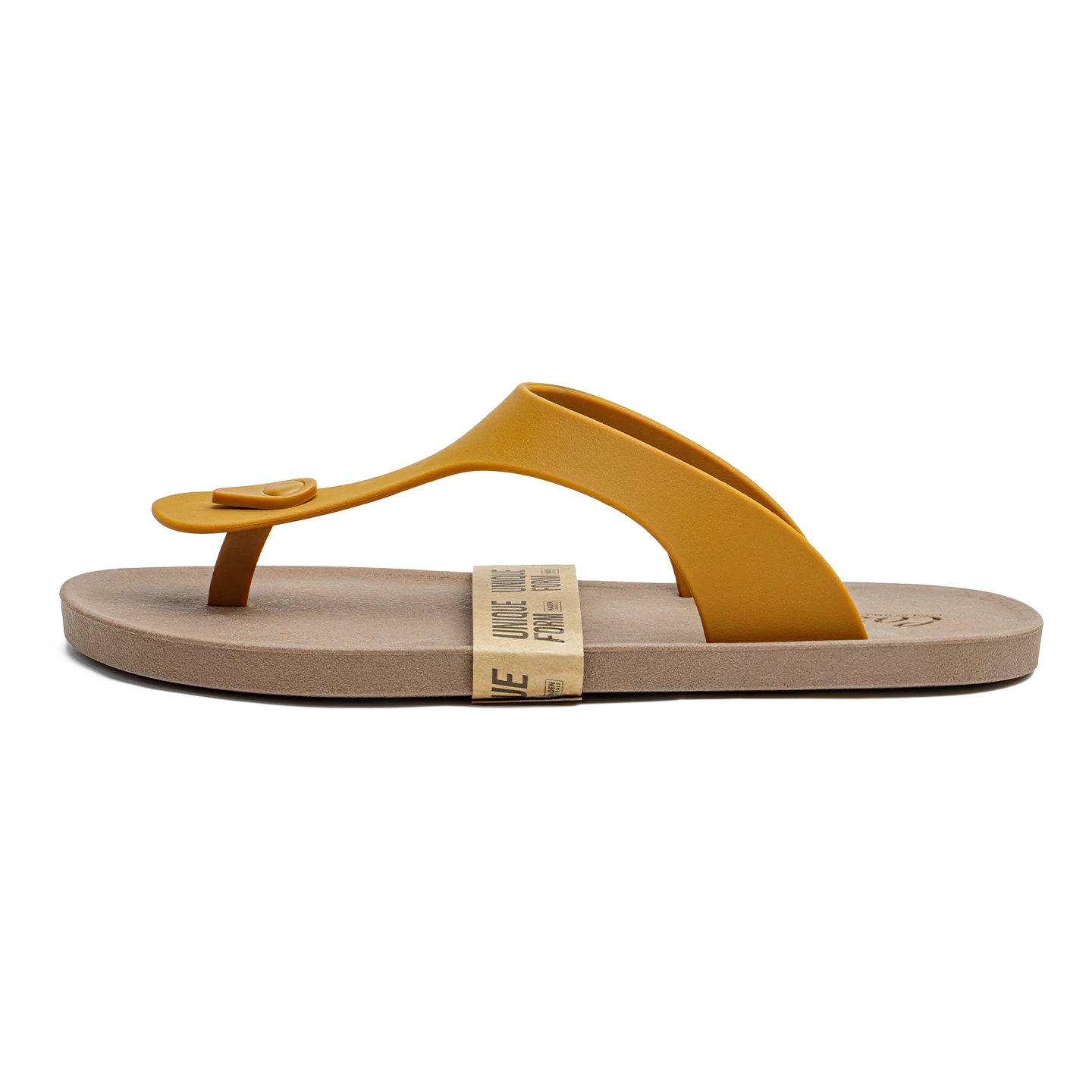 A single thong sandal shown in profile on a plain white background. The upper strap is mustard yellow, while the footbed is a light tan/beige color.