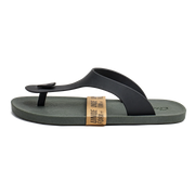 A single black flip-flop sandal with a dark olive green footbed and a tan paper band around the strap, shown from a side profile on a white background.