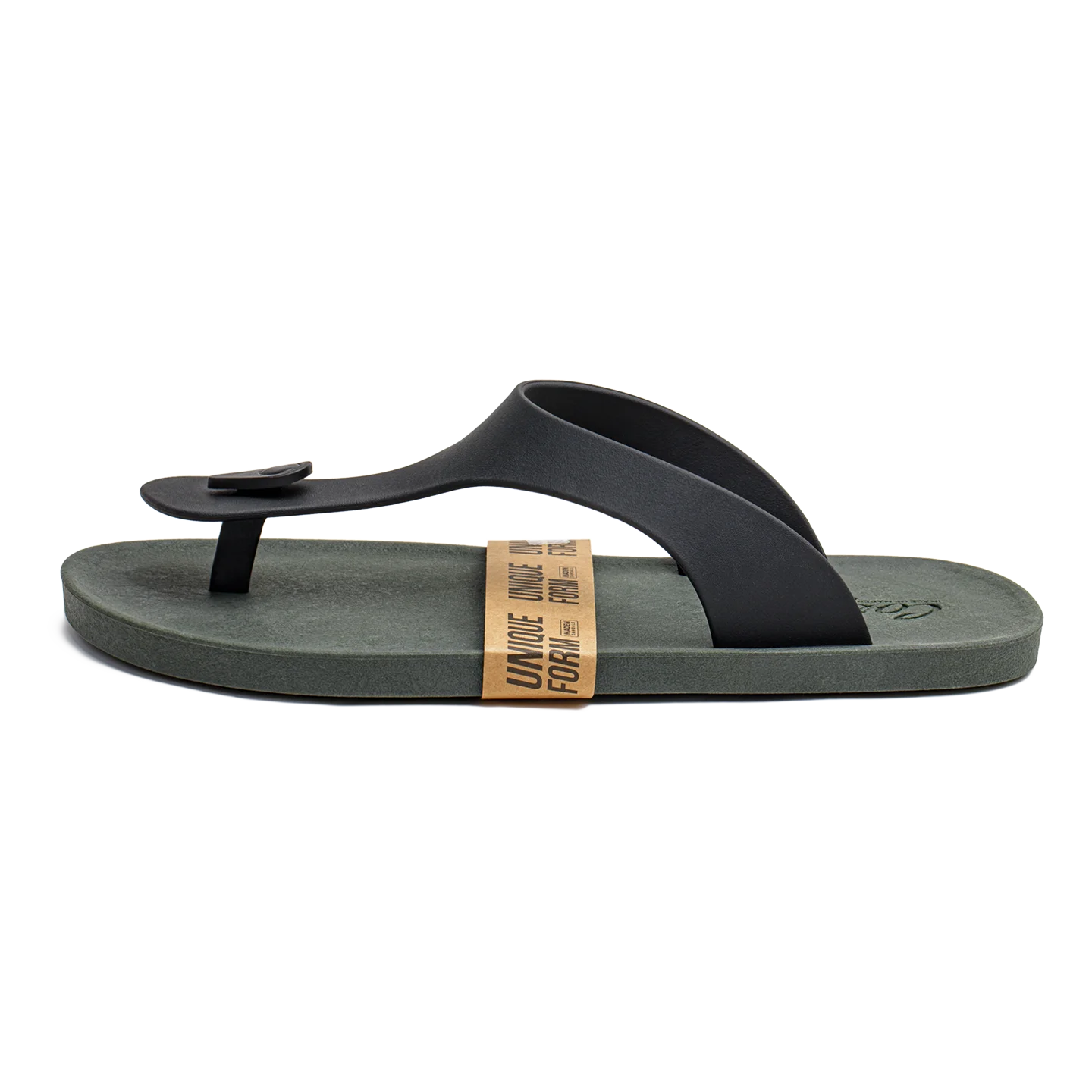 A single black flip-flop sandal with a dark olive green footbed and a tan paper band around the strap, shown from a side profile on a white background.