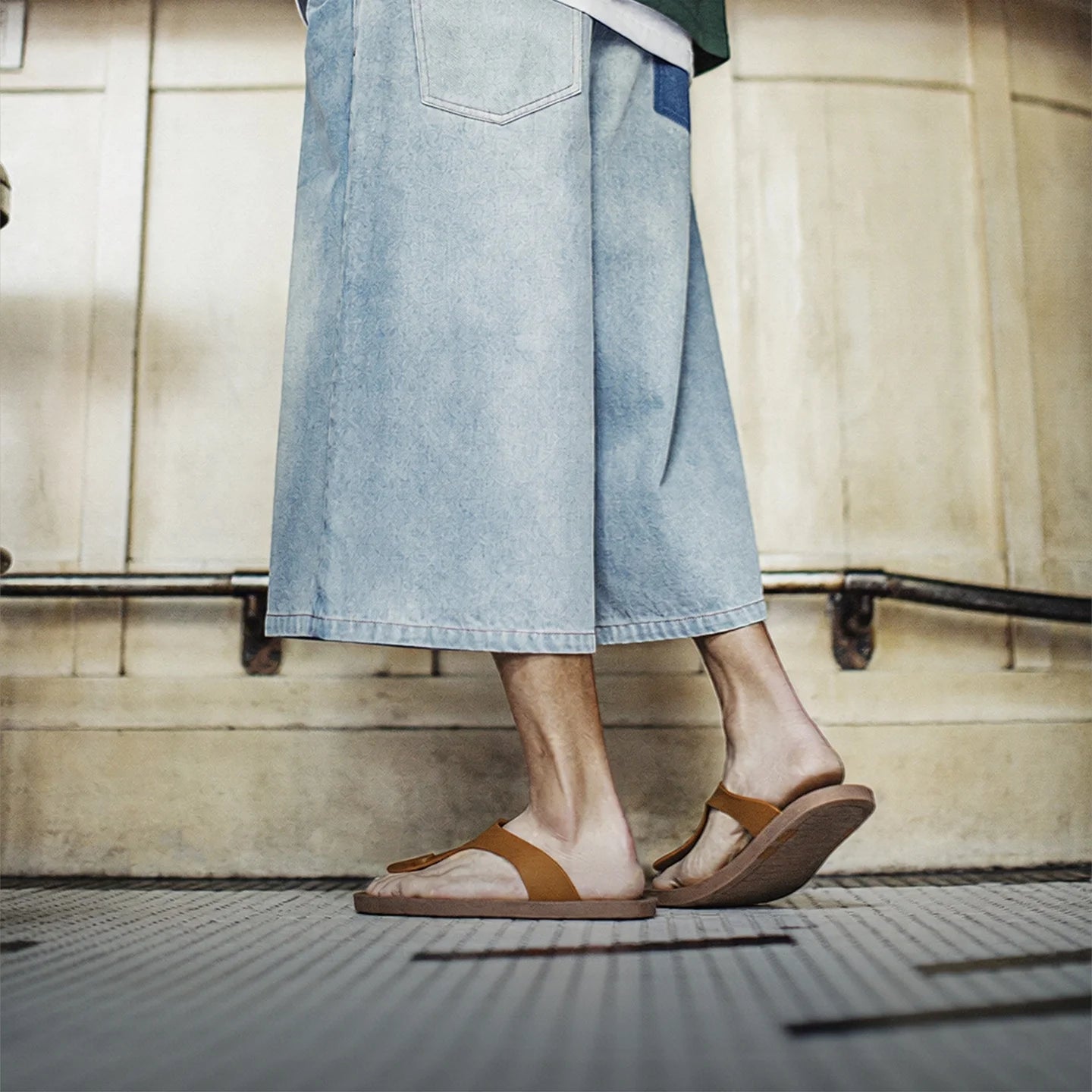 Person wearing light blue denim pants and brown sandals on a neutral background