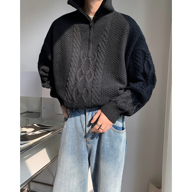 Pullover mit Zopfmuster und halbem Reißverschluss