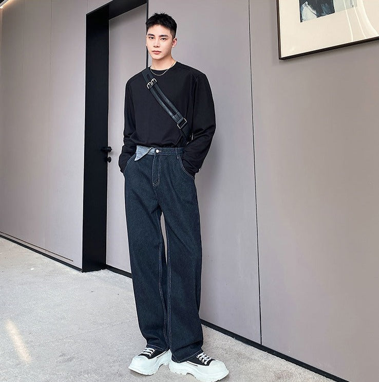 Men's Korean Straight Jeans Fashion Contrast Color Stitching Mid-waist  Stretch Denim Long Pants 