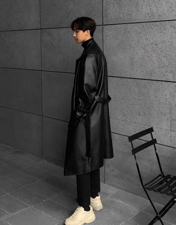 Faux Leather Double Breasted Trench Coat, Streets of Seoul