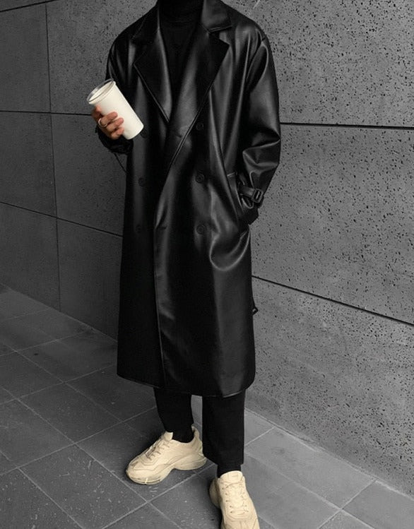 Faux Leather Double Breasted Trench Coat, Streets of Seoul