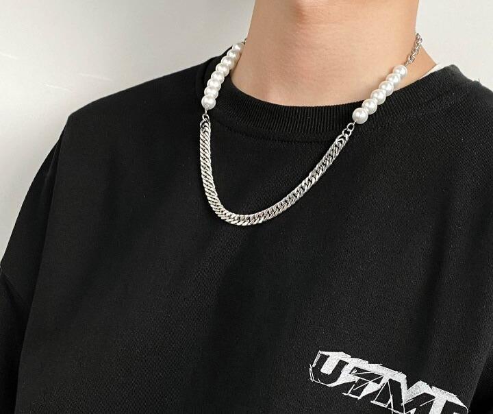 Half Faux Pearl Curb Chain Necklace thestreetsofseoul-korean-street-style-minimal-kstyle-streetwear-mens-fashion-clothing