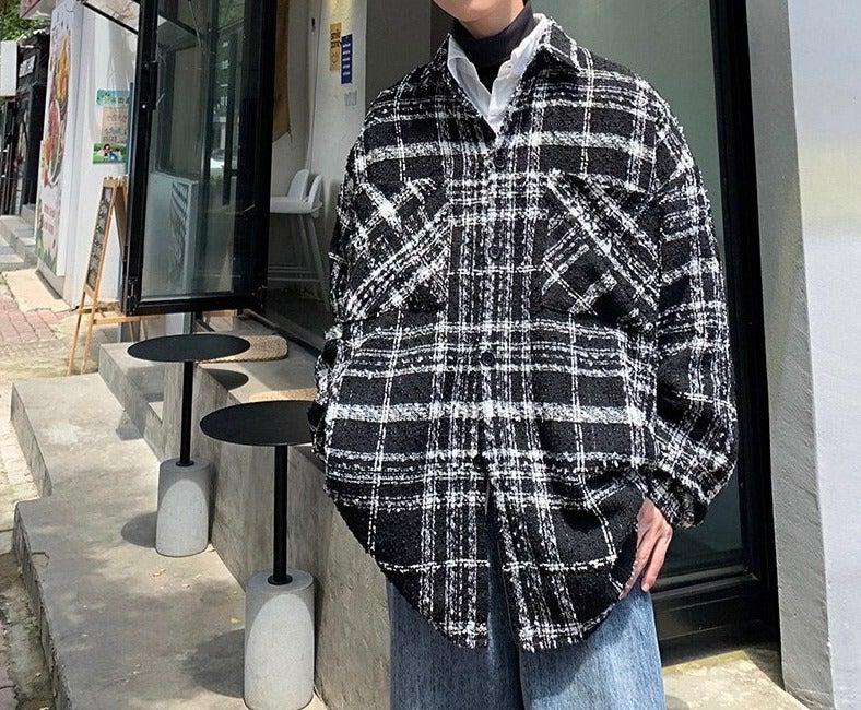 Long Sleeve Boucle Check Overshirt thestreetsofseoul-korean-street-style-minimal-kstyle-streetwear-mens-fashion-clothing