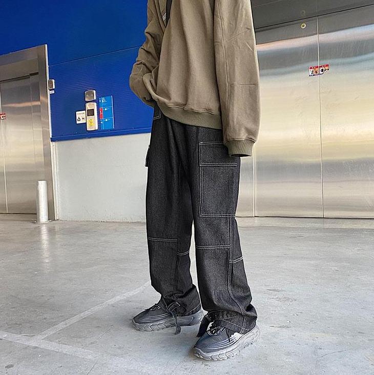 Men Wide Leg Big Pocket Pockets Loose Baggy Jeans Hip Hop Denim Pants Cargo