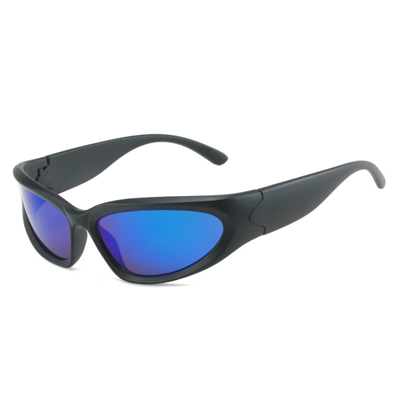 Polarized Wrap Around Y2K Sunglasses - BLACK FRAME/BLUE MIRROR