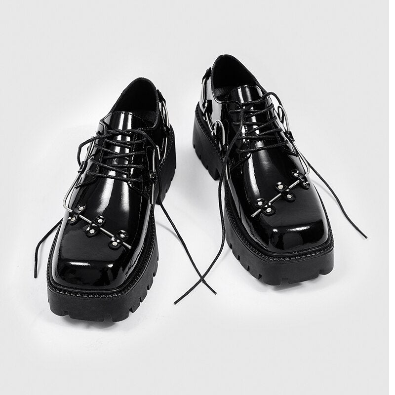 靴 Humant square toe shoes Elizabethlike Sheepskin Square-Toe Lace-up Mid-Heel Genuine